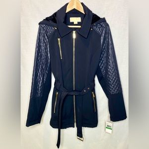 MK Michael Kors Trench Coat Jacket Navy Large Hooded Overcoat Full Zip Lined